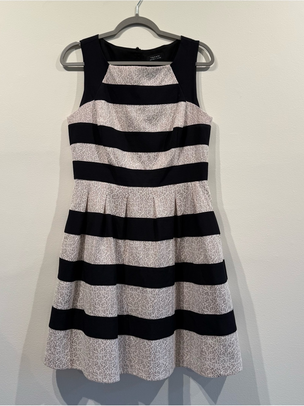 Tahari Black and Ivory Striped Fit-and-Flare Midi Dress